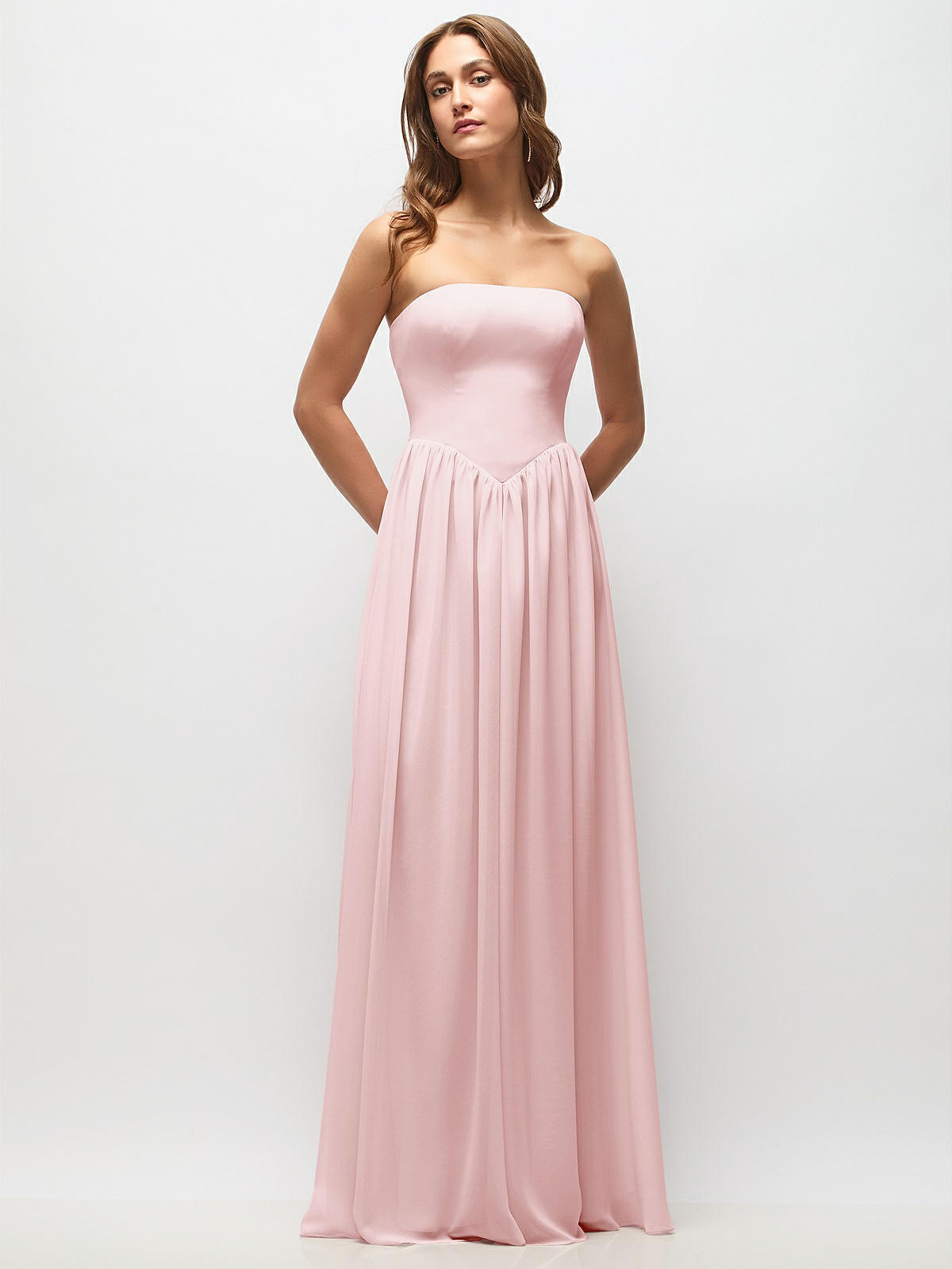 Strapless Basque Drop Waist Chiffon Maxi Bridesmaid Dress With Shirred  Skirt In Ballet Pink | The Dessy Group