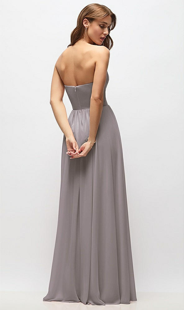 Back View - Cashmere Gray Strapless Basque Drop Waist Chiffon Maxi Dress with Shirred Skirt 