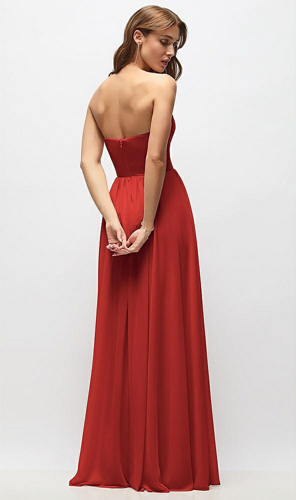 Back View - Poppy Red Strapless Basque Drop Waist Chiffon Maxi Dress with Shirred Skirt 