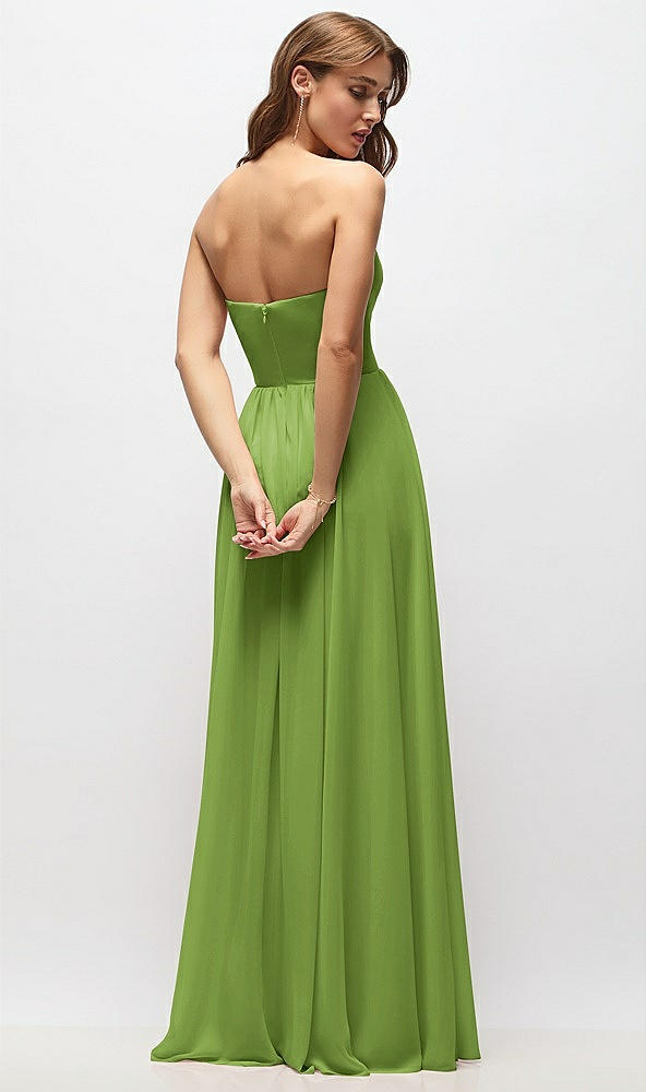 Back View - Peridot Green Strapless Basque Drop Waist Chiffon Maxi Dress with Shirred Skirt 