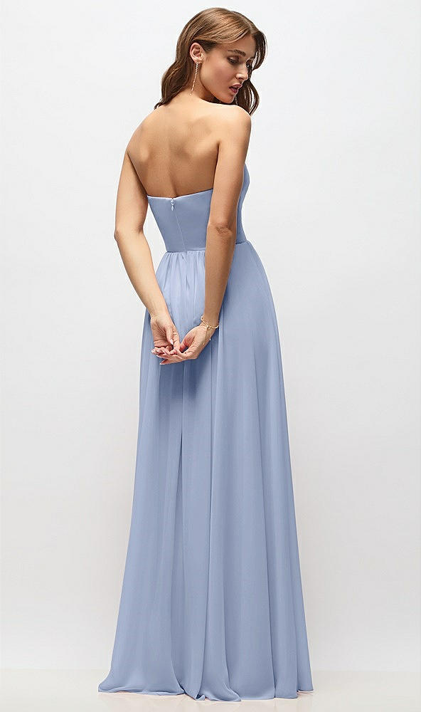 Back View - Sky Blue Strapless Basque Drop Waist Chiffon Maxi Dress with Shirred Skirt 