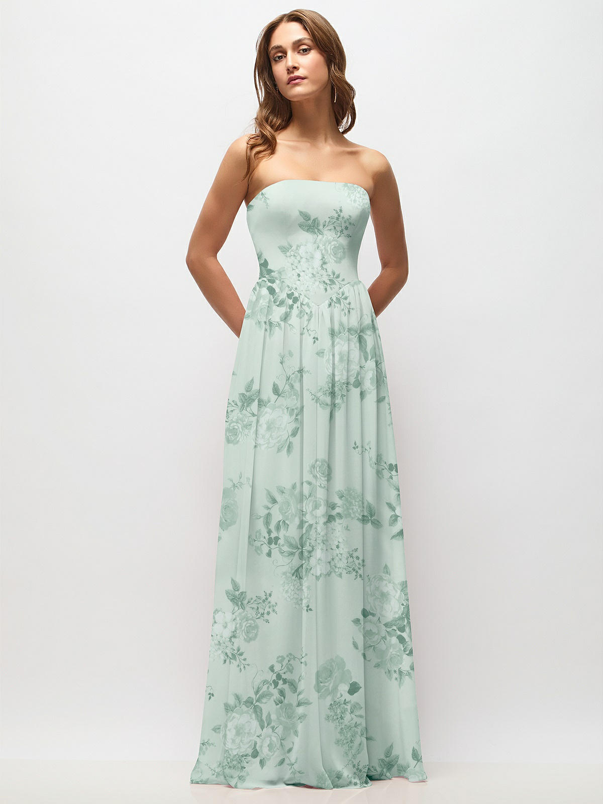 Strapless Basque Drop Waist Floral Chiffon Maxi Dress with Shirred Skirt Strapless Basque Drop Waist Floral Chiffon Maxi Dress with Shirred Skirt
