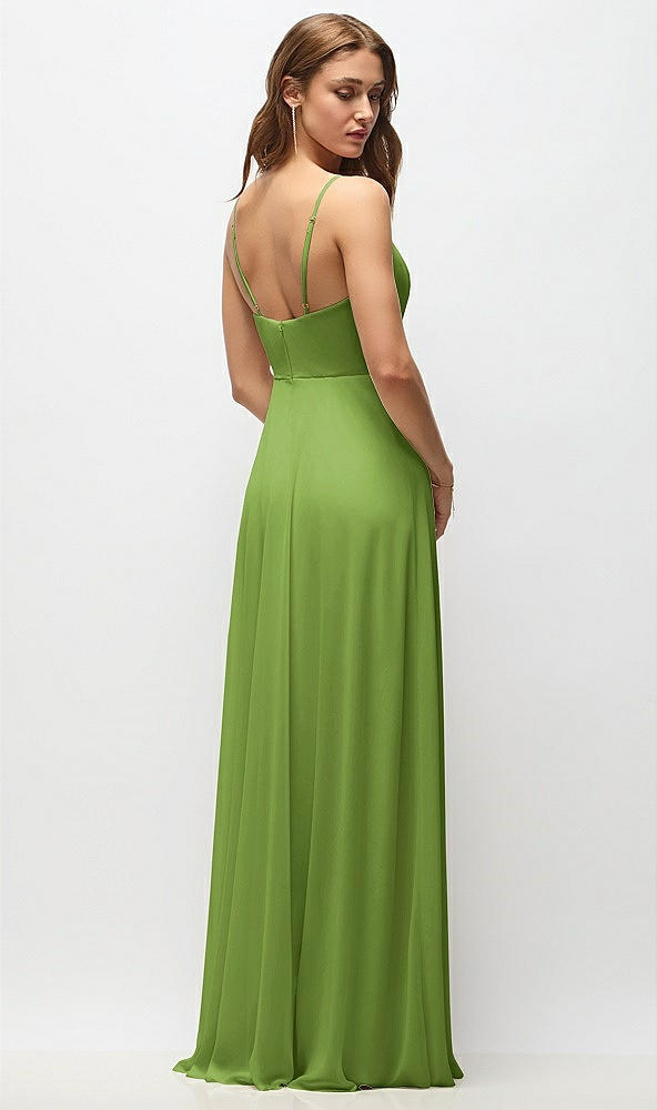 Back View - Peridot Green Wrap Bodice Chiffon Maxi Dress with Adjustable Spaghetti Straps