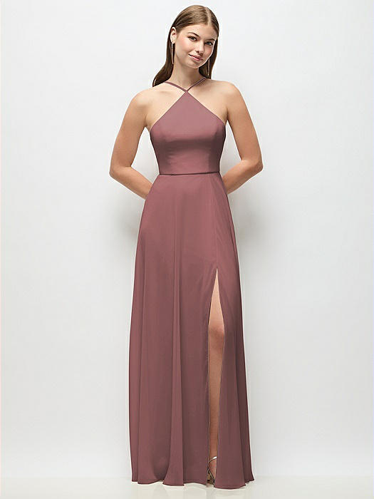 High-Neck Halter Chiffon Maxi Dress with Adjustable Spaghetti Straps