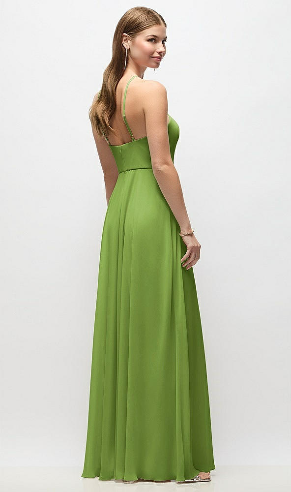 Back View - Peridot Green High-Neck Halter Chiffon Maxi Dress with Adjustable Spaghetti Straps