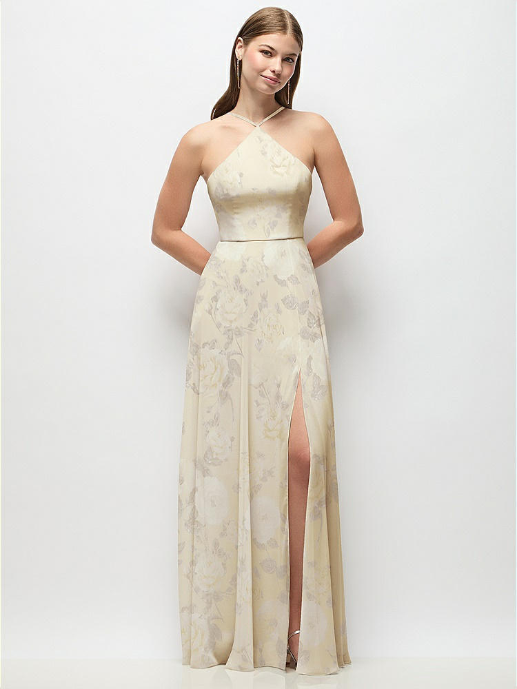 Wrap Bodice Floral Chiffon Maxi Dress with Adjustable Spaghetti Straps