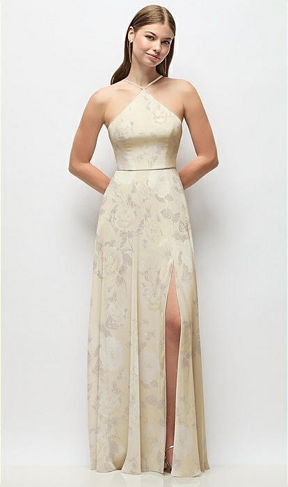 floral chiffon halter dress Pink Halter A Line Floral Chiffon Ruffled Formal Prom Dresses With Beading Blue / 2