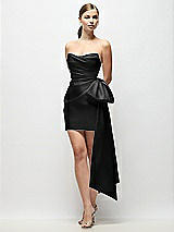 Front View Thumbnail - Black Strapless Pleated Draped Satin Mini Dress with Dramatic Long Tail Bow & Covered Buttons
