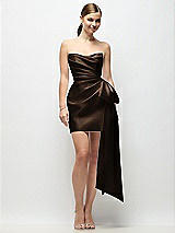 Alt View 1 Thumbnail - Espresso Strapless Pleated Draped Satin Mini Dress with Dramatic Long Tail Bow & Covered Buttons