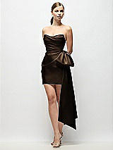 Front View Thumbnail - Espresso Strapless Pleated Draped Satin Mini Dress with Dramatic Long Tail Bow & Covered Buttons