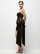 Side View Thumbnail - Espresso Strapless Pleated Draped Satin Mini Dress with Dramatic Long Tail Bow & Covered Buttons