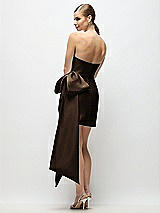 Rear View Thumbnail - Espresso Strapless Pleated Draped Satin Mini Dress with Dramatic Long Tail Bow & Covered Buttons