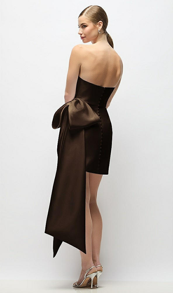 Back View - Espresso Strapless Pleated Draped Satin Mini Dress with Dramatic Long Tail Bow & Covered Buttons