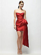 Alt View 1 Thumbnail - Poppy Red Strapless Pleated Draped Satin Mini Dress with Dramatic Long Tail Bow & Covered Buttons