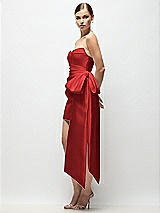 Side View Thumbnail - Poppy Red Strapless Pleated Draped Satin Mini Dress with Dramatic Long Tail Bow & Covered Buttons