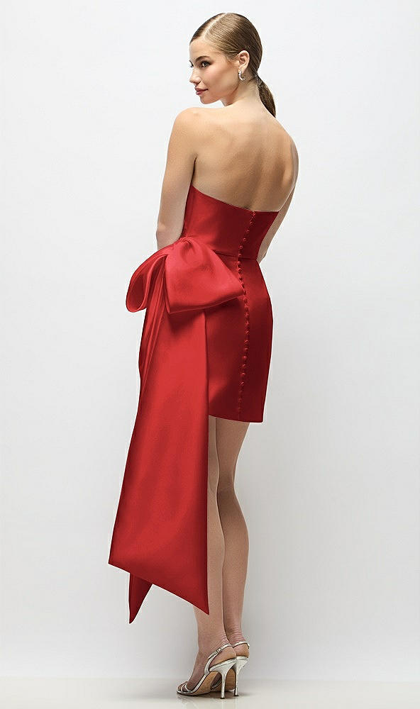 Back View - Poppy Red Strapless Pleated Draped Satin Mini Dress with Dramatic Long Tail Bow & Covered Buttons
