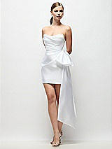 Front View Thumbnail - White Strapless Pleated Draped Satin Mini Dress with Dramatic Long Tail Bow & Covered Buttons