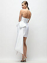 Rear View Thumbnail - White Strapless Pleated Draped Satin Mini Dress with Dramatic Long Tail Bow & Covered Buttons