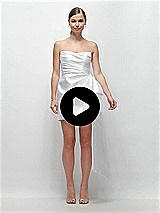 Video 1 Thumbnail - Black Strapless Pleated Draped Satin Mini Dress with Dramatic Long Tail Bow & Covered Buttons