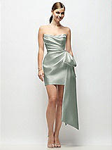 Alt View 1 Thumbnail - Willow Green Strapless Pleated Draped Satin Mini Dress with Dramatic Long Tail Bow & Covered Buttons