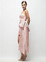 Side View Thumbnail - Bow And Blossom Print Strapless Pleated Draped Floral Satin Mini Dress with Dramatic Long Tail Bow & Covered Buttons