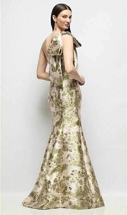 Bow One-shoulder Abstract Floral Jacquard Maxi Bridesmaid Dress