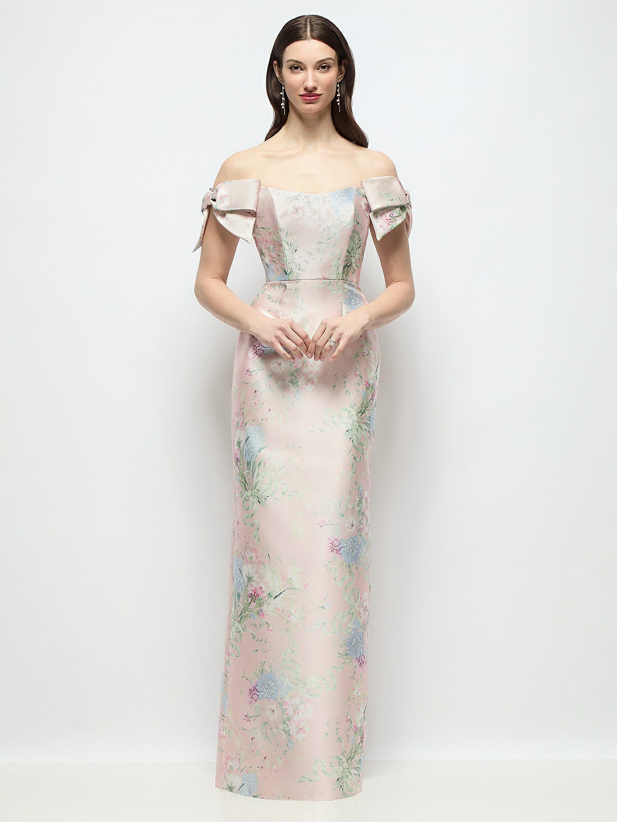Basque-neck Esme Floral Satin Column Maxi Bridesmaid Dress With