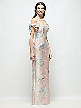 Side View Thumbnail - Esme Floral Basque-Neck Esme Floral Satin Column Maxi Dress with Off-the-Shoulder Bows