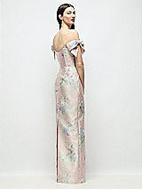 Rear View Thumbnail - Esme Floral Basque-Neck Esme Floral Satin Column Maxi Dress with Off-the-Shoulder Bows