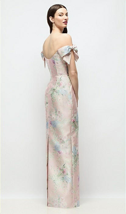 Basque-neck Esme Floral Satin Column Maxi Bridesmaid Dress With  Off-the-shoulder Bows In Esme Floral | The Dessy Group