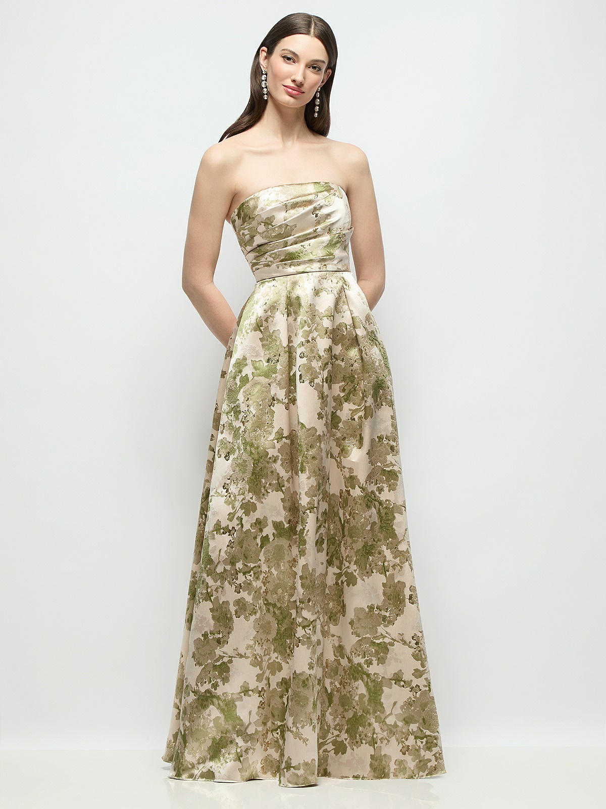 peridot bridesmaid dresses Strapless Pleated Bodice Abstract Floral Jacquard Maxi Dress With Full Skirt In Blush Dark Blue Pleated Midi NewOn:2024-02-16T17:55:17Z Fully lined Color:Emerald (Green)