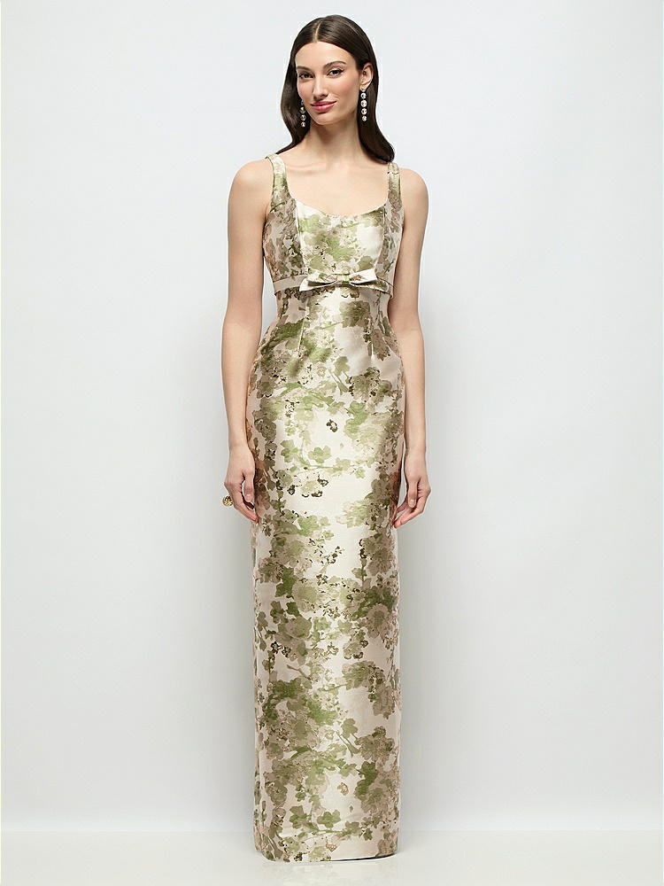 Scoop Neck Abstract Floral Jacquard Column Maxi Bridesmaid Dress