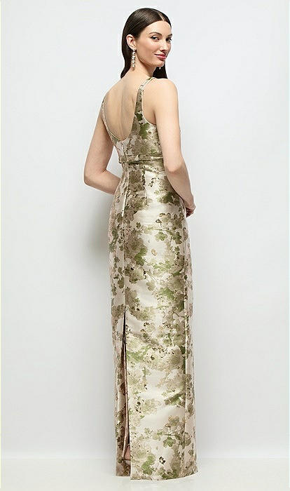 Scoop Neck Abstract Floral Jacquard Column Maxi Bridesmaid Dress With Bow Empire Waist In Peridot Blush