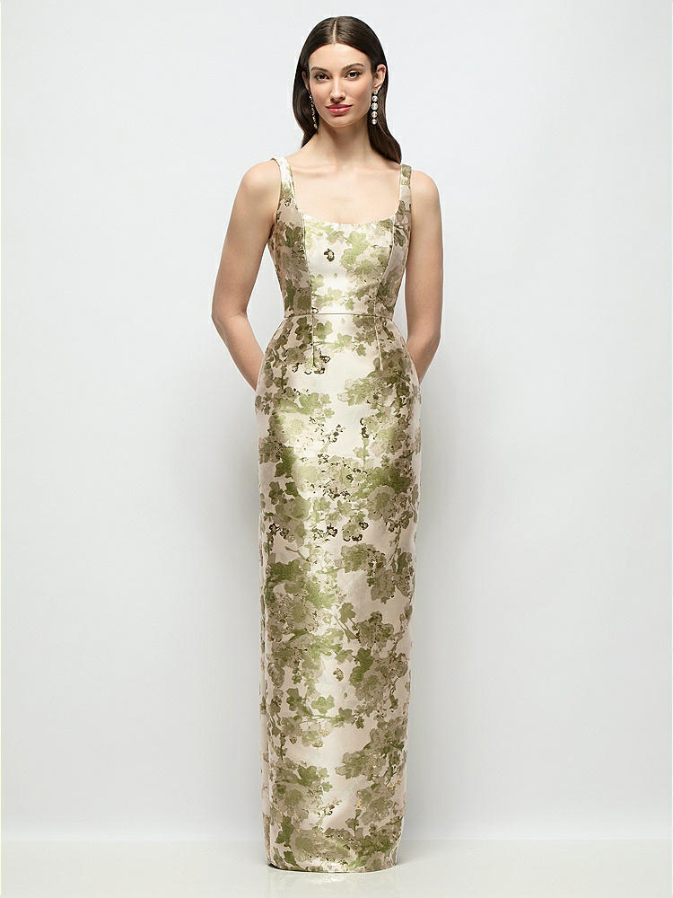 Scoop Neck Abstract Floral Jacquard Column Maxi Bridesmaid Dress