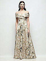 Side View Thumbnail - Plumeria Floral Print Off-Shoulder Wrap Floral Metallic Organza Jacquard Maxi Dress with Full Skirt
