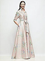 Front View Thumbnail - Esme Floral 3/4 Sleeve Esme Floral Satin Shirt Dress Gown with Sash & Jeweled Buttons