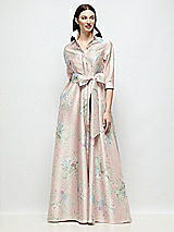 Side View Thumbnail - Esme Floral 3/4 Sleeve Esme Floral Satin Shirt Dress Gown with Sash & Jeweled Buttons