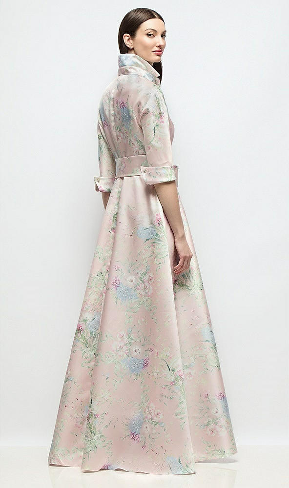 Back View - Esme Floral 3/4 Sleeve Esme Floral Satin Shirt Dress Gown with Sash & Jeweled Buttons