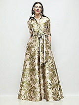 Front View Thumbnail - Peridot Blush Abstract Floral Jacquard Shirt Dress Gown with Sash & Jeweled Buttons