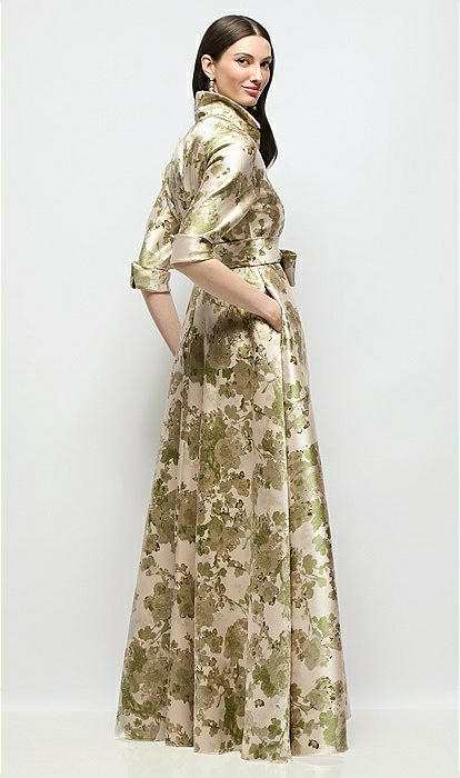 Abstract Floral Jacquard Shirt Dress Gown with Sash & Jeweled Buttons Abstract Floral Jacquard Shirt Dress Gown with Sash & Jeweled Buttons