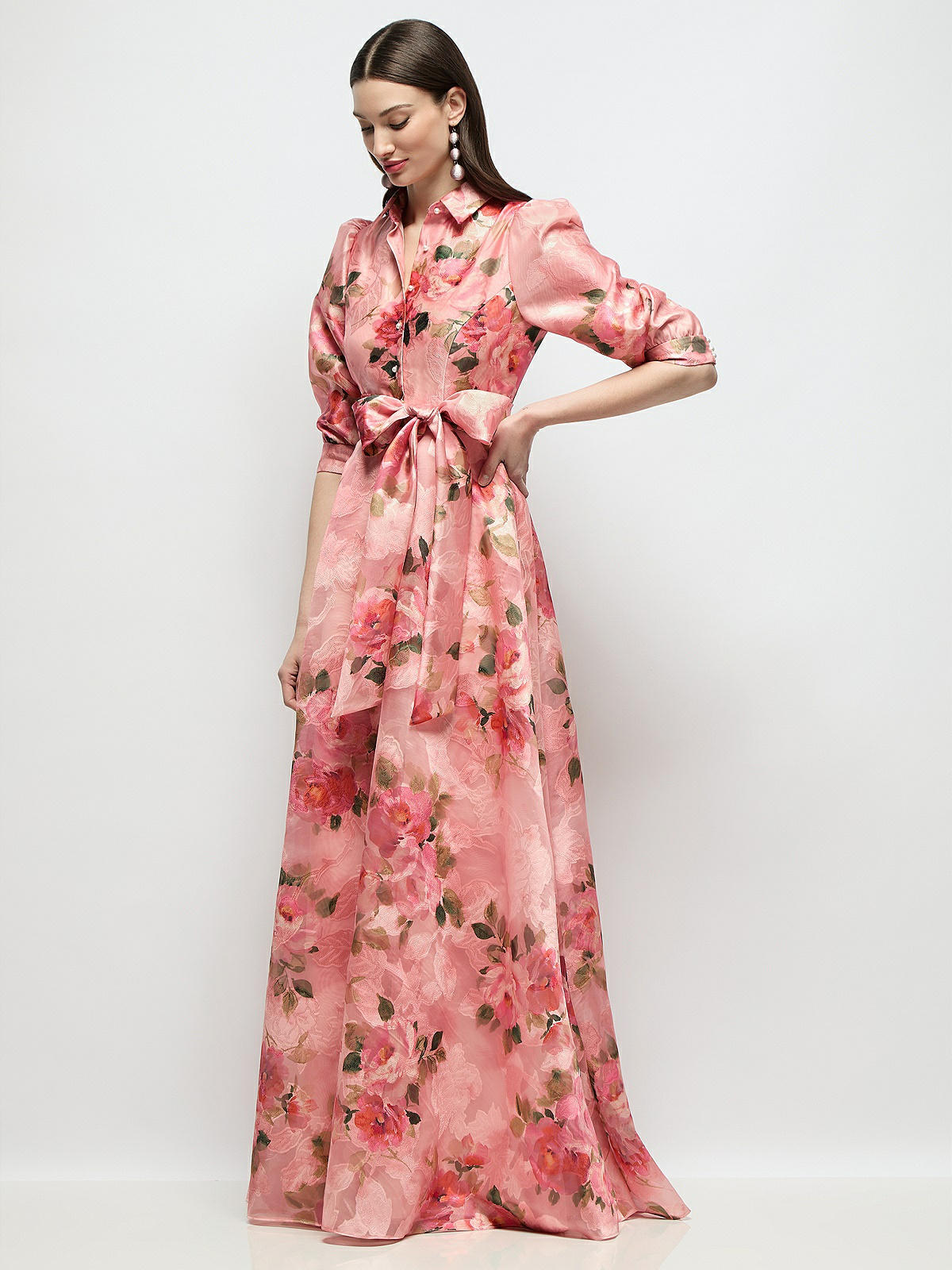 Floral Organza Jacquard Shirt Bridesmaid Dress With Full Maxi
