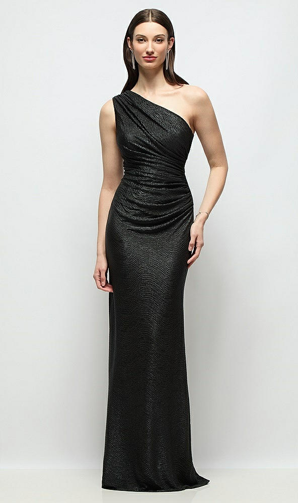 Front View - Black One-Shoulder Soho Metallic Ruched Waist Gown