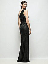 Rear View Thumbnail - Black One-Shoulder Soho Metallic Ruched Waist Gown