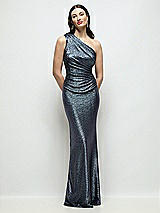 Front View Thumbnail - Midnight Navy One-Shoulder Soho Metallic Ruched Waist Gown