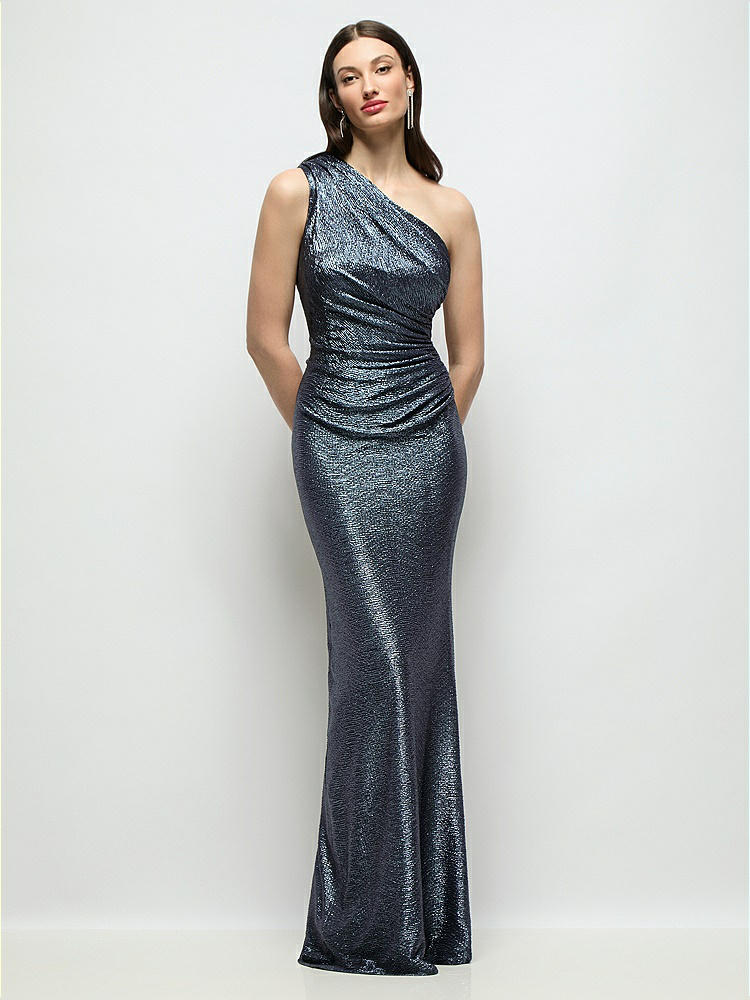Strapless Twist Bodice Empire Waist Metallic Maxi Bridesmaid Dress In  Silver | The Dessy Group