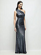 Side View Thumbnail - Midnight Navy One-Shoulder Soho Metallic Ruched Waist Gown