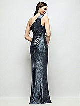 Rear View Thumbnail - Midnight Navy One-Shoulder Soho Metallic Ruched Waist Gown