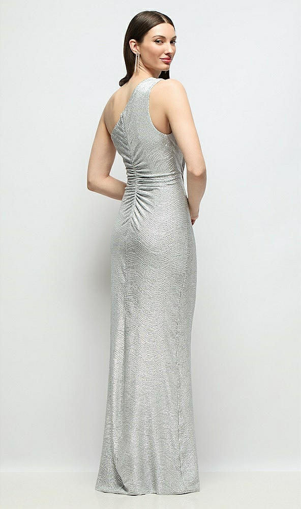 Back View - Silver One-Shoulder Soho Metallic Ruched Waist Gown