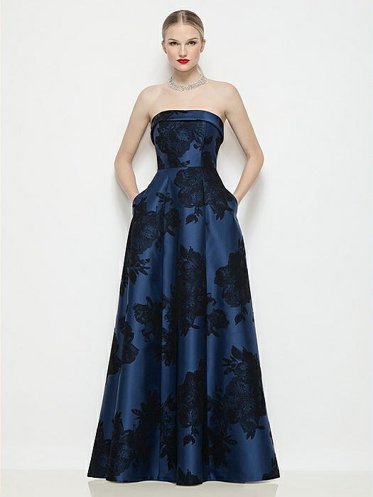 Strapless Bias Cuff Bodice Flocked Floral Satin Dress