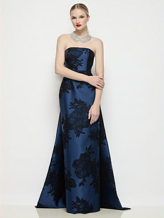 Strapless Flocked Floral Satin Column Dress with Removable Watteau Train